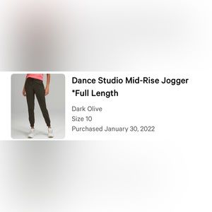 Lululemon Dance Studio Mid Rise Jogger (olive, size 10)
